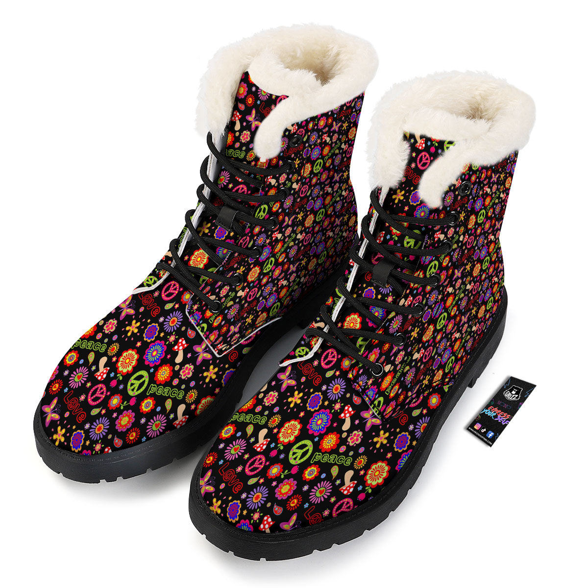 Love And Hippie Peace Sign Print Pattern Winter Boots-grizzshop