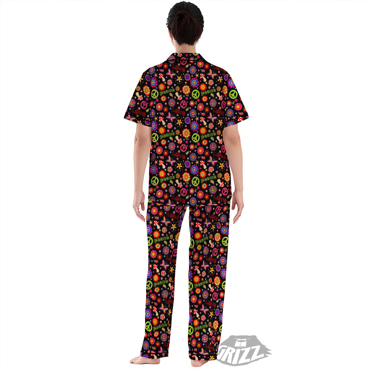 Love And Hippie Peace Sign Print Pattern Women's Pajamas Set-grizzshop