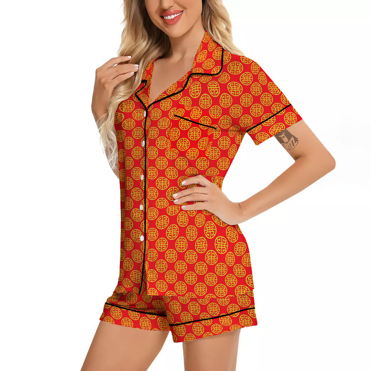 Lu Symbol Chinese Print Pattern Women Silk Pajamas-grizzshop