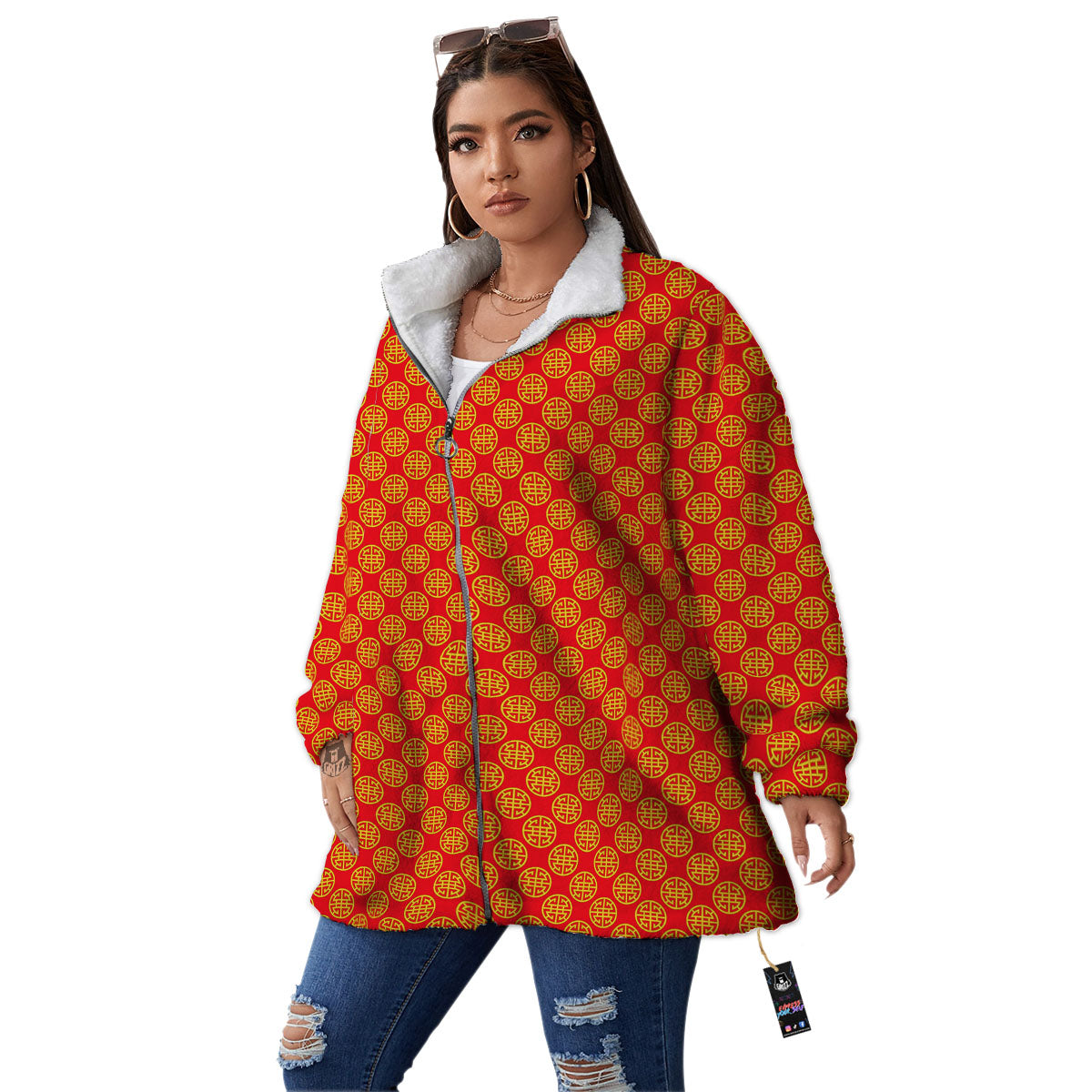 Lu Symbol Chinese Print Pattern Women's Sherpa Jacket-grizzshop