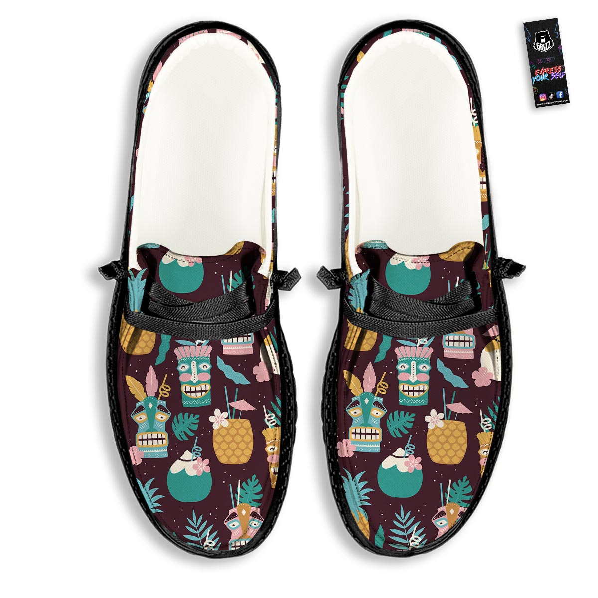 Luau Tiki Print Pattern Black Loafers-grizzshop