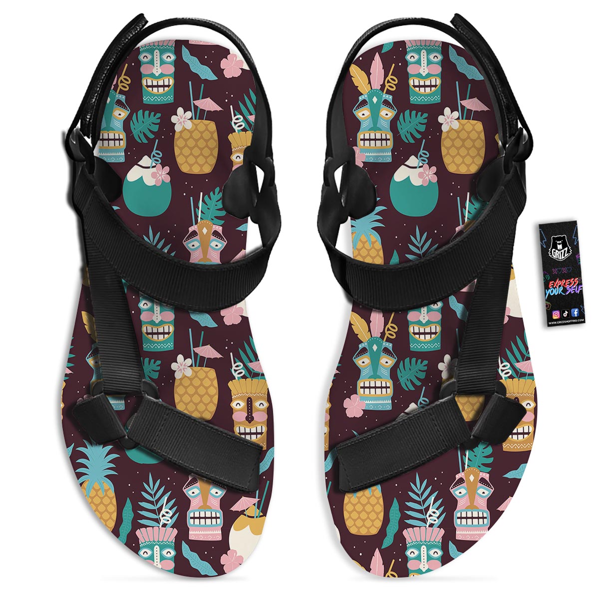 Luau Tiki Print Pattern Black Open Toe Sandals-grizzshop