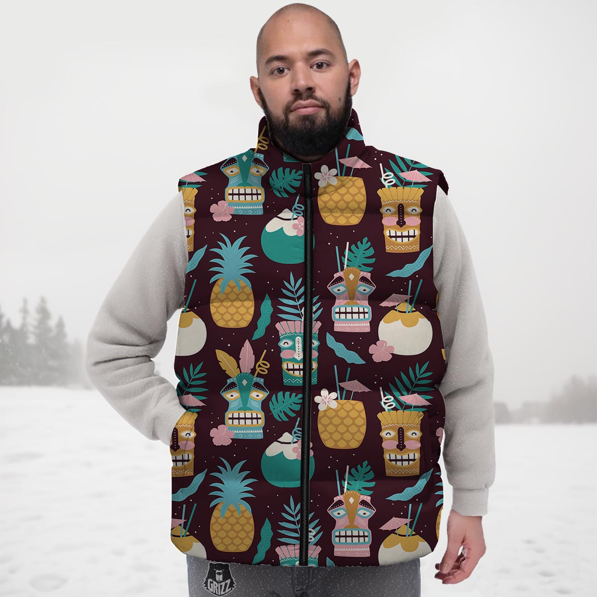 Luau Tiki Print Pattern Down Vest-grizzshop