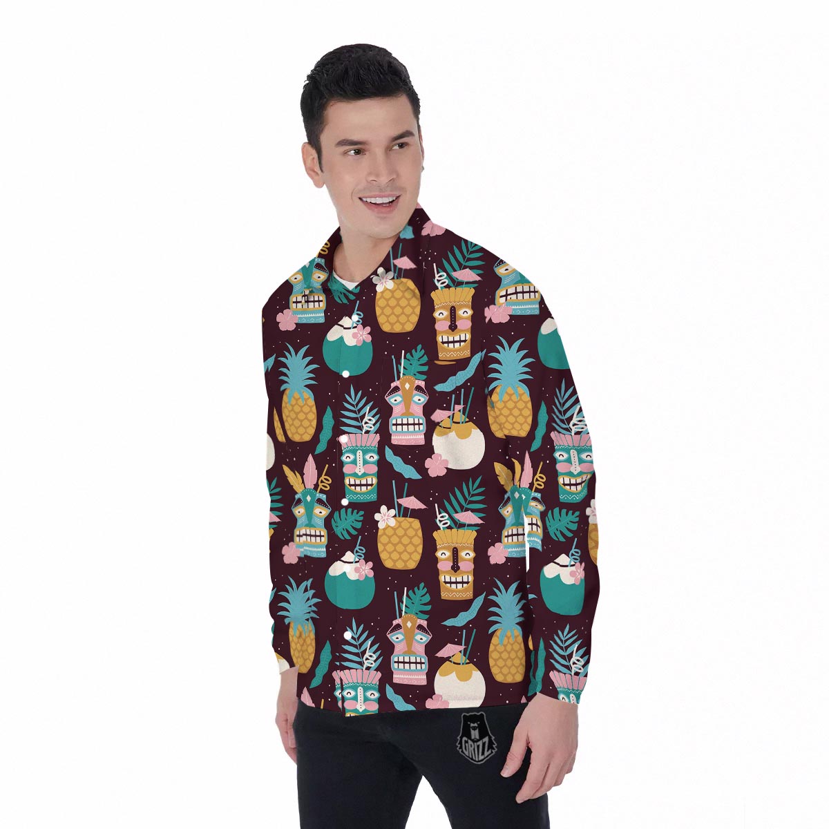 Luau Tiki Print Pattern Men's Long Sleeve Shirts-grizzshop
