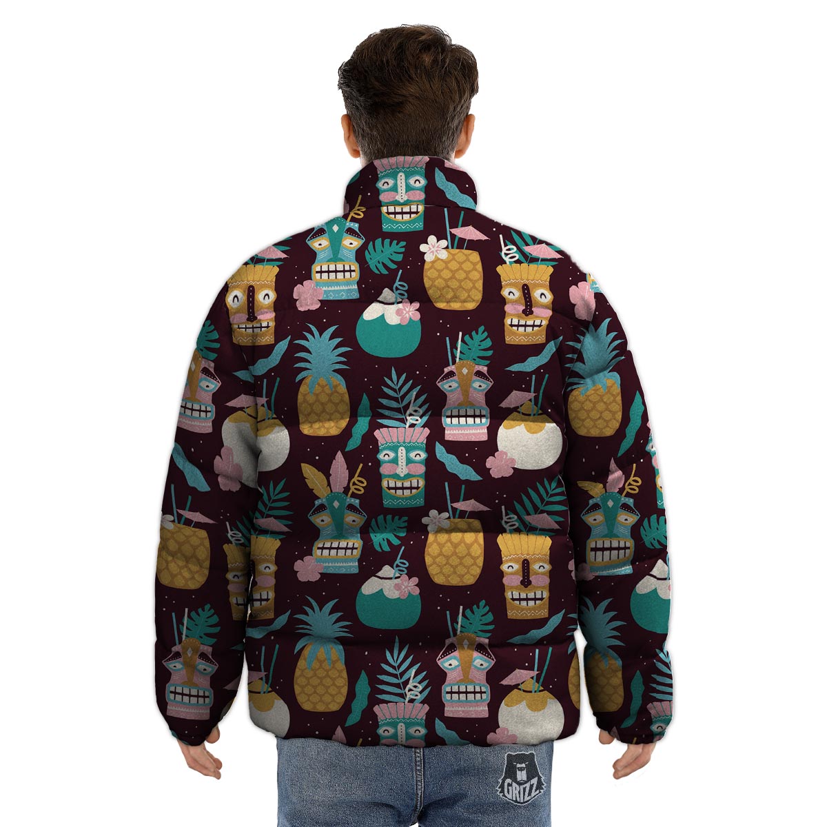 Luau Tiki Print Pattern Puffer Jacket-grizzshop