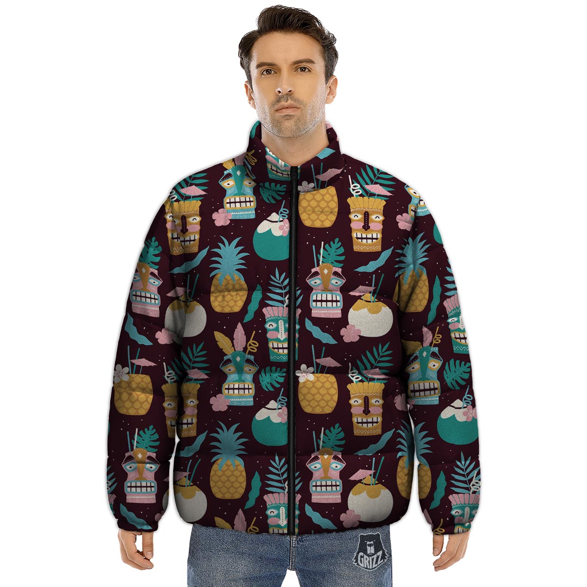 Luau Tiki Print Pattern Puffer Jacket-grizzshop