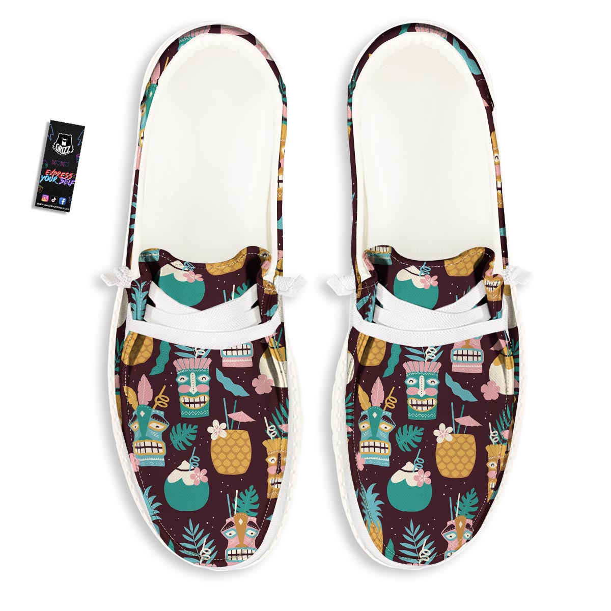 Luau Tiki Print Pattern White Loafers-grizzshop