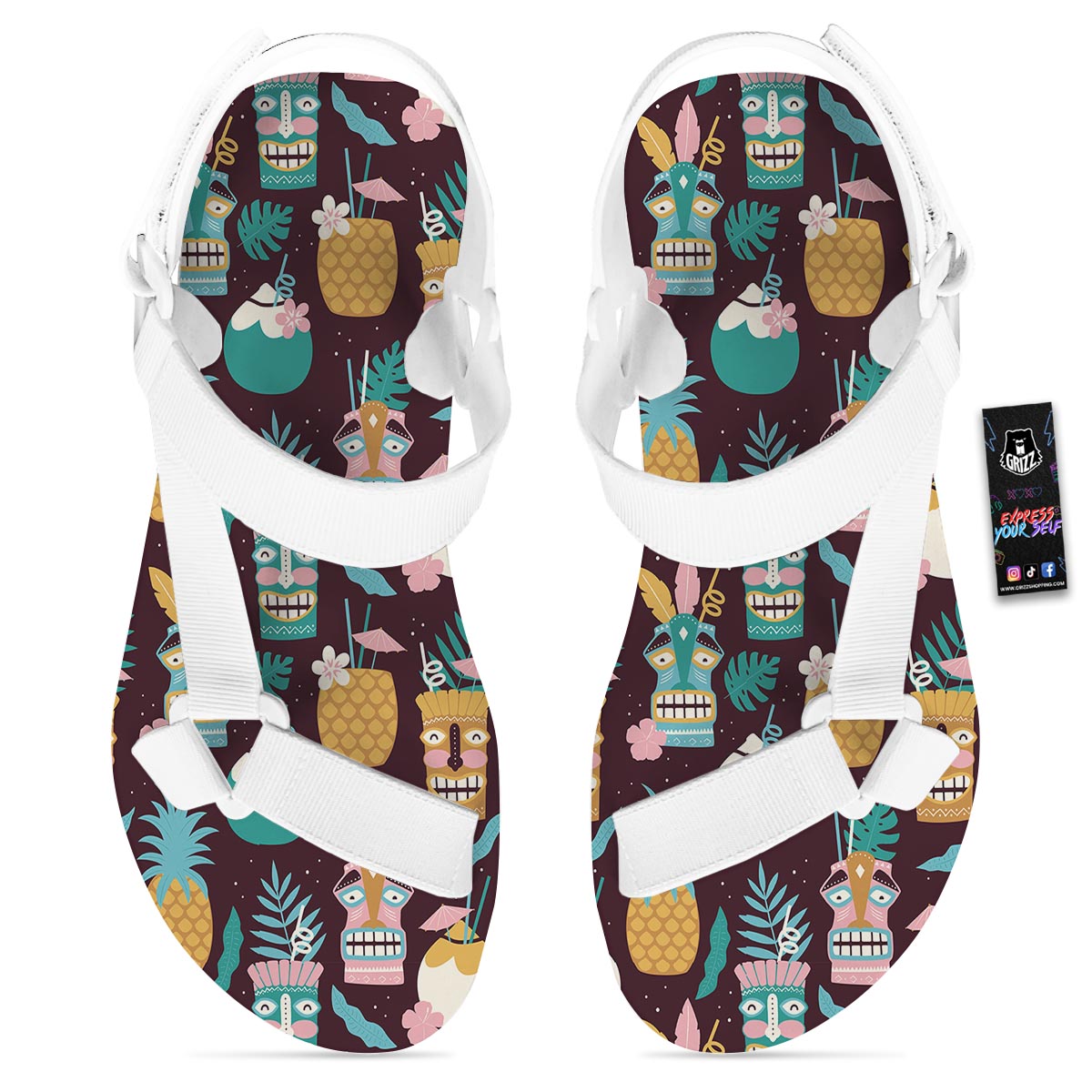 Luau Tiki Print Pattern White Open Toe Sandals-grizzshop