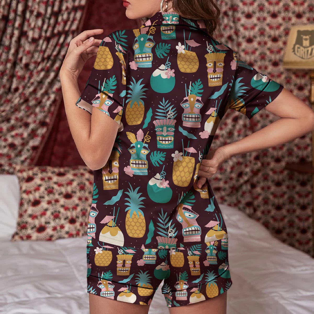 Luau Tiki Print Pattern Women Silk Pajamas-grizzshop