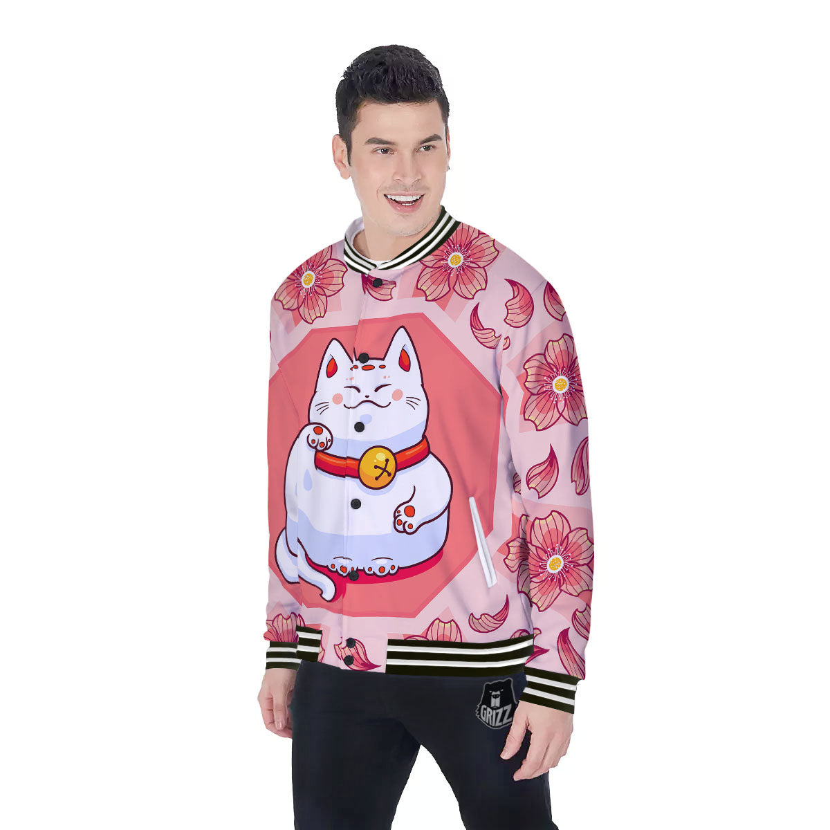 Lucky Cat And Sakura Japanese Print Baseball Jacket-grizzshop