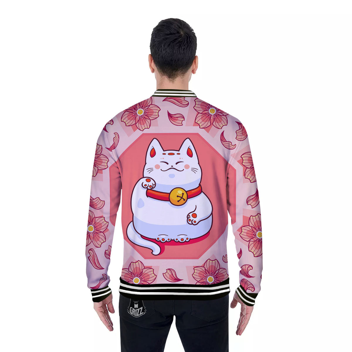 Lucky Cat And Sakura Japanese Print Baseball Jacket-grizzshop