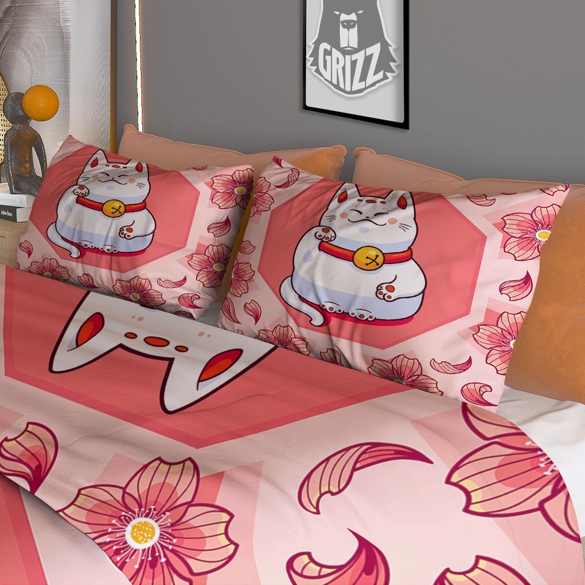 Lucky Cat And Sakura Japanese Print Duvet Cover Bedding Set