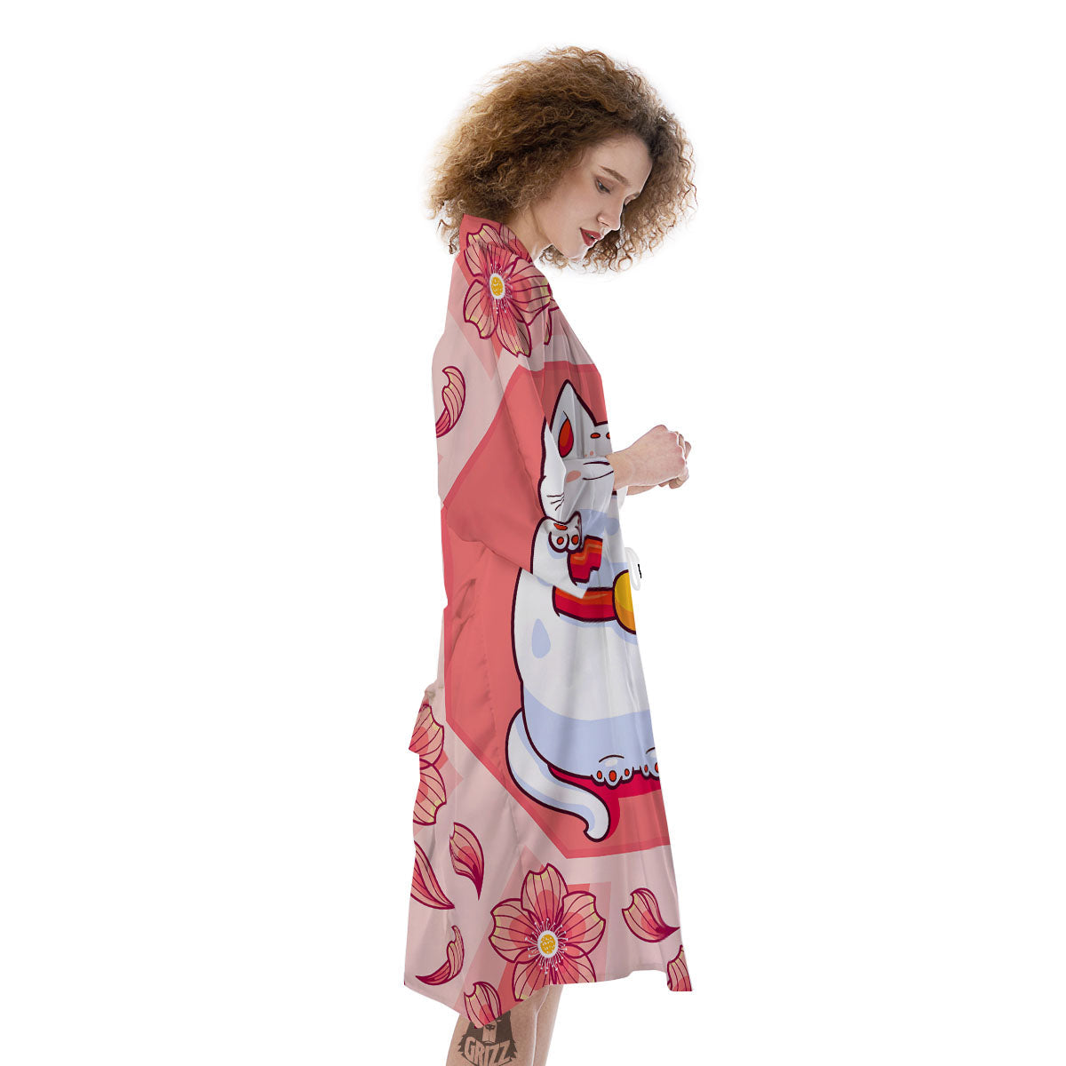 Lucky Cat And Sakura Japanese Print Kimono-grizzshop