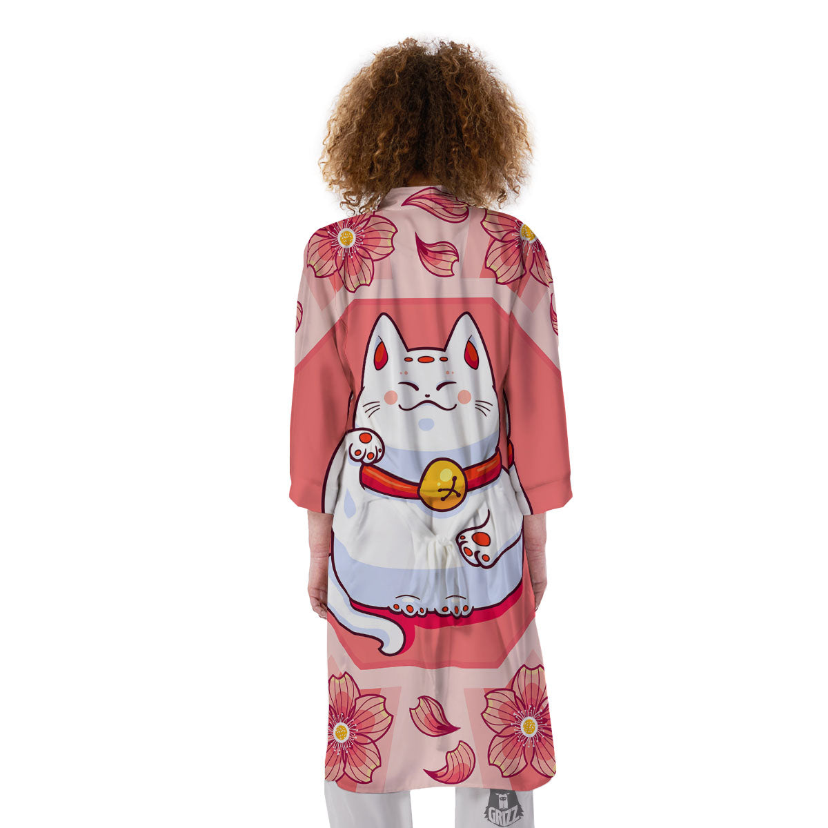 Lucky Cat And Sakura Japanese Print Kimono-grizzshop