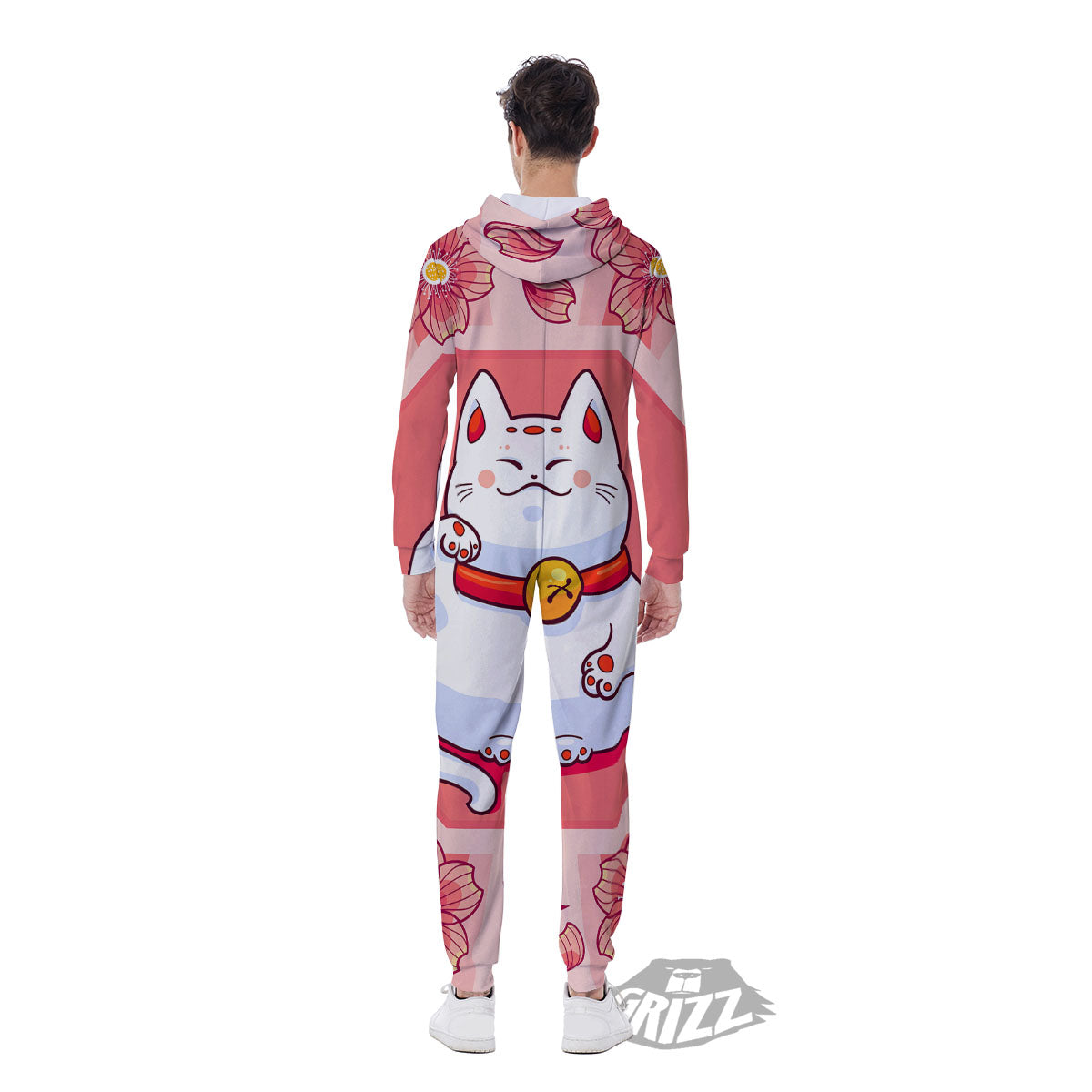 Lucky Cat And Sakura Japanese Print Men's Jumpsuit-grizzshop