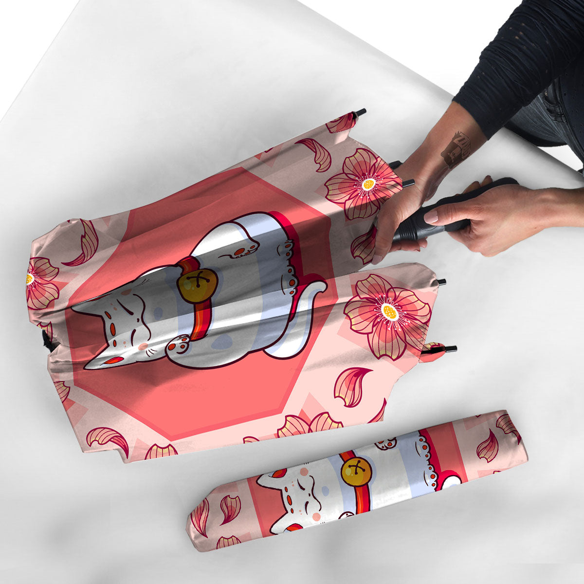 Lucky Cat And Sakura Japanese Print Umbrella-grizzshop