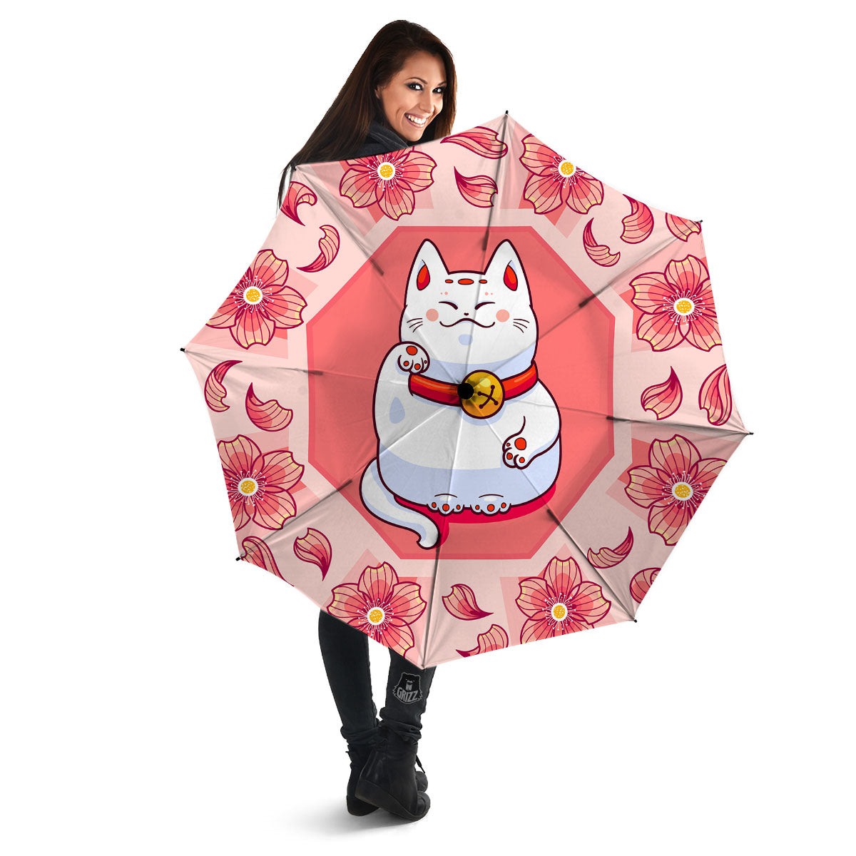 Lucky Cat And Sakura Japanese Print Umbrella-grizzshop