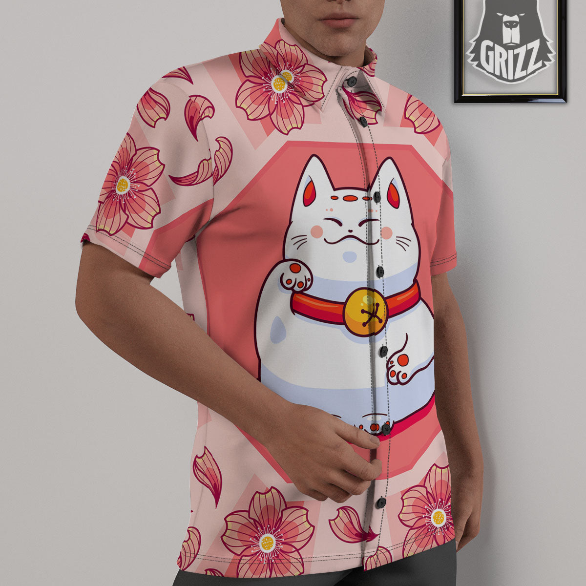 Lucky Cat And Sakura Japanese Print Untucked Shirts-grizzshop