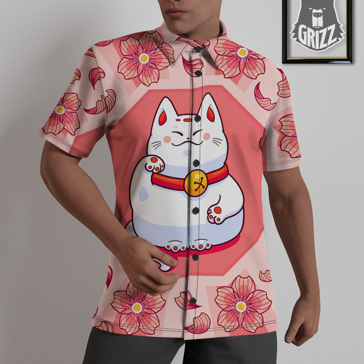Lucky Cat And Sakura Japanese Print Untucked Shirts-grizzshop