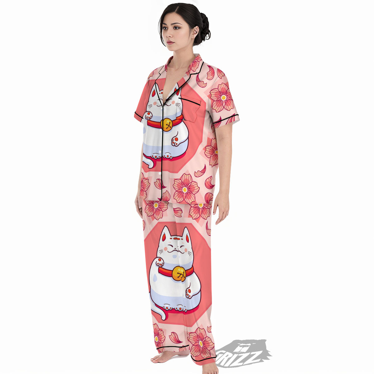 Lucky Cat And Sakura Japanese Print Women's Pajamas Set-grizzshop