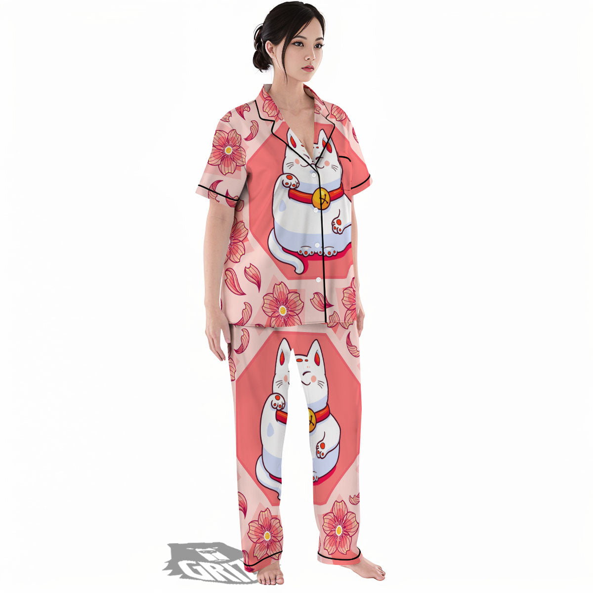 Lucky Cat And Sakura Japanese Print Women's Pajamas Set-grizzshop