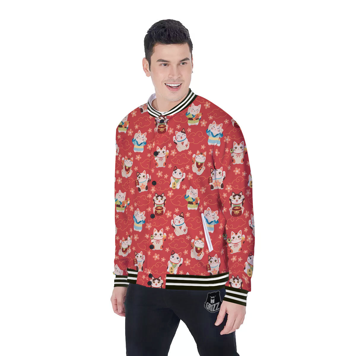 Lucky Cat Japanese Print Pattern Baseball Jacket-grizzshop