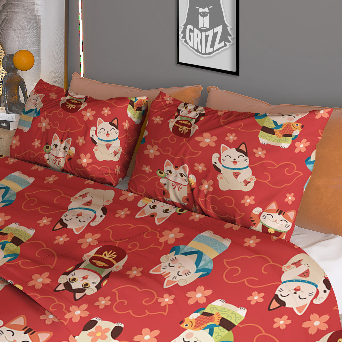 Lucky Cat Japanese Print Pattern Duvet Cover Bedding Set