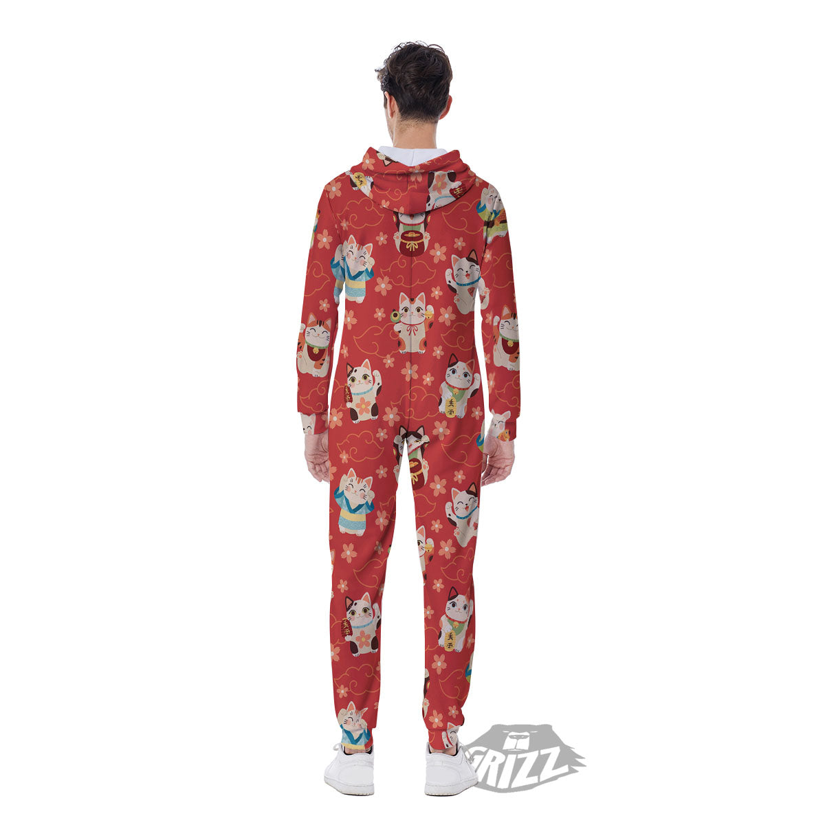 Lucky Cat Japanese Print Pattern Men's Jumpsuit-grizzshop