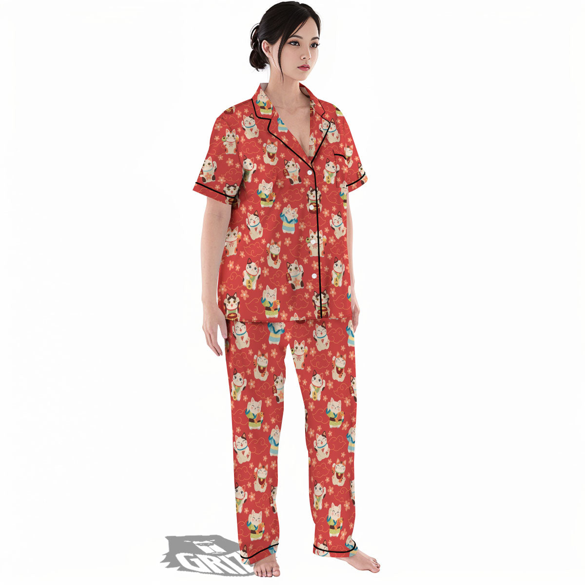 Lucky Cat Japanese Print Pattern Women's Pajamas Set-grizzshop
