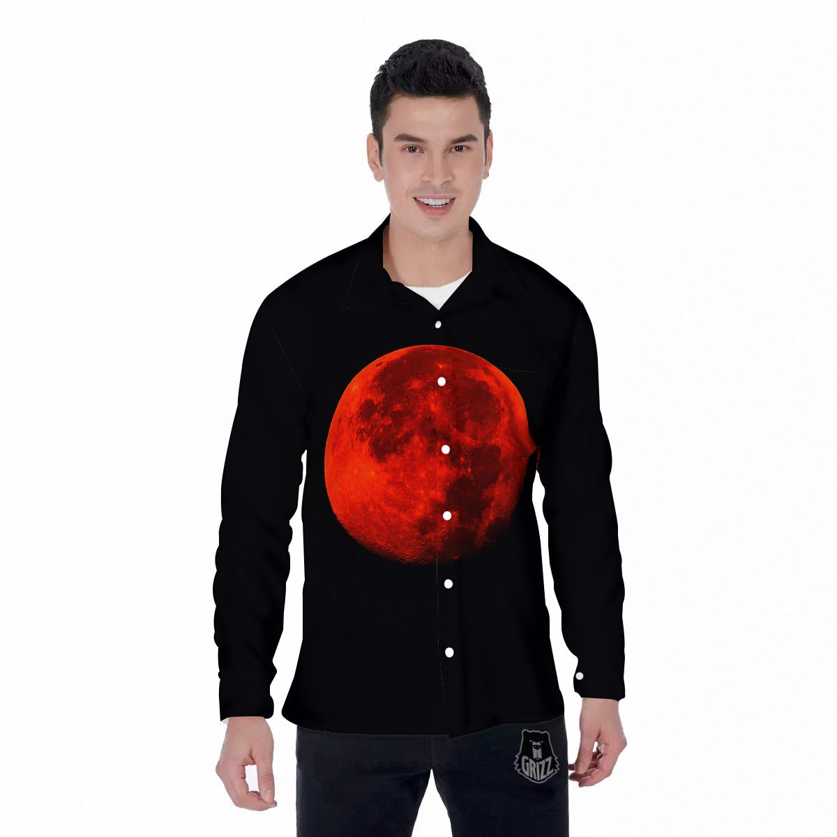 Lunar Eclipse Super Blood Moon Print Men's Long Sleeve Shirts-grizzshop
