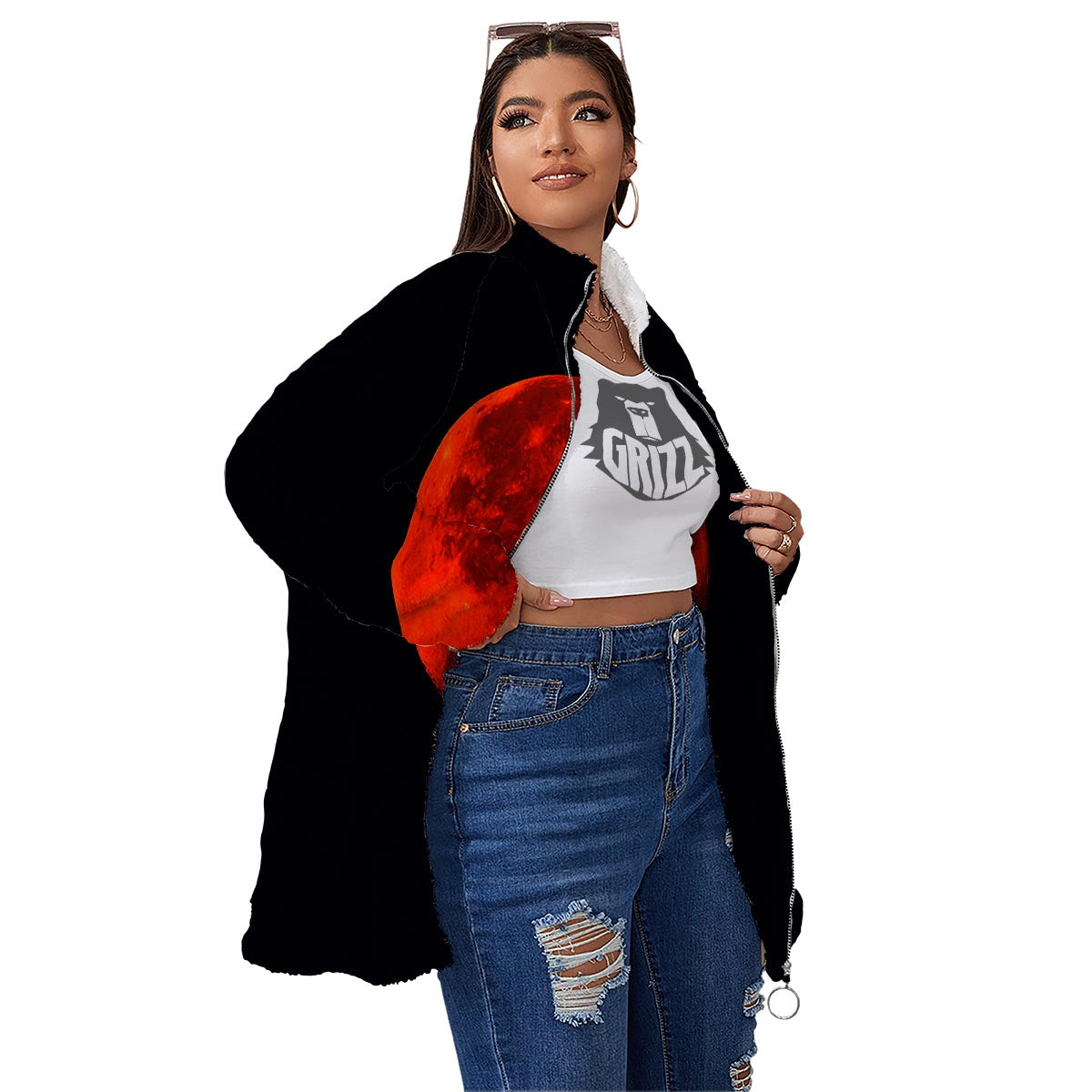 Lunar Eclipse Super Blood Moon Print Women's Sherpa Jacket-grizzshop