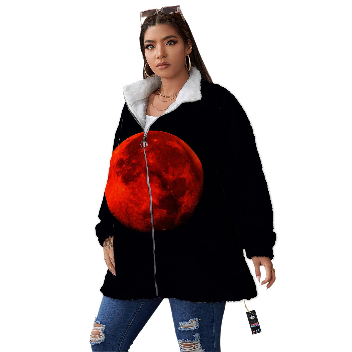 Lunar Eclipse Super Blood Moon Print Women's Sherpa Jacket-grizzshop