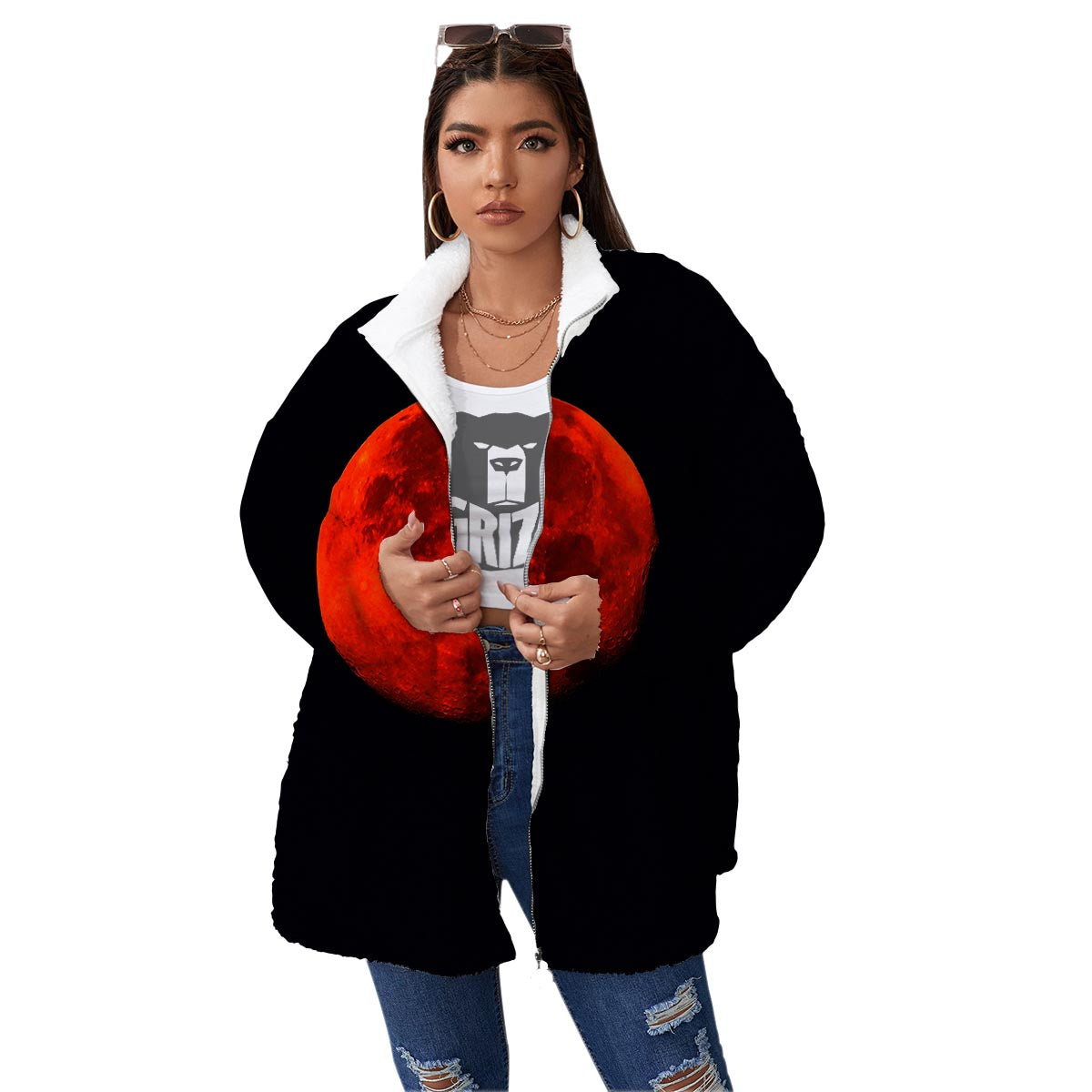 Lunar Eclipse Super Blood Moon Print Women's Sherpa Jacket-grizzshop