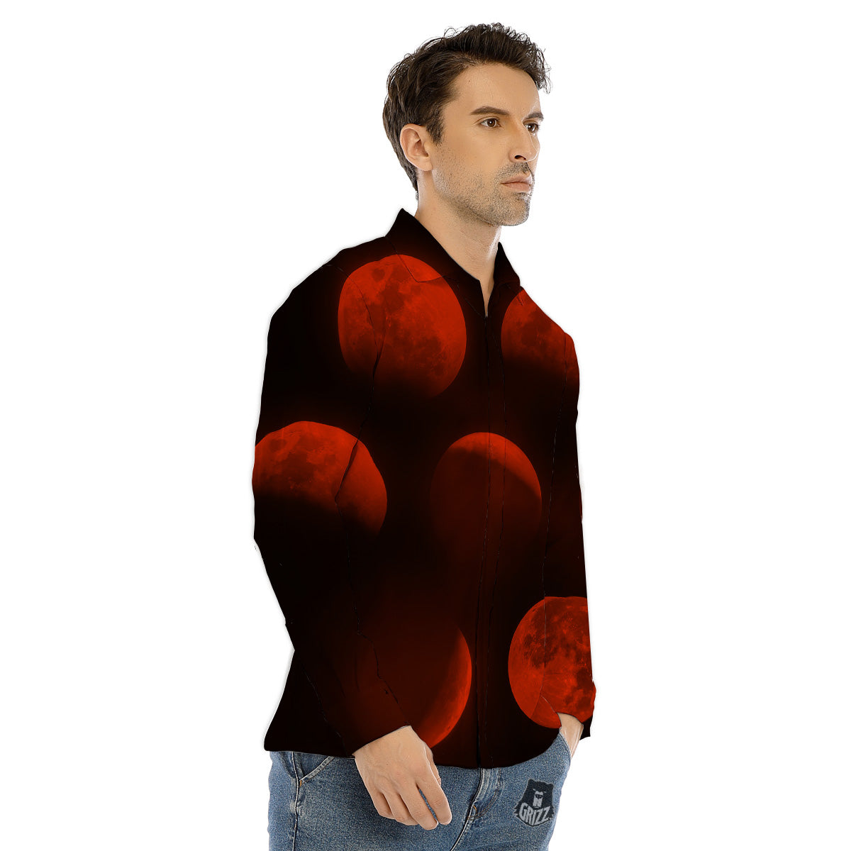 Lunar Phase Blood Moon Print Men's Dress Shirts-grizzshop