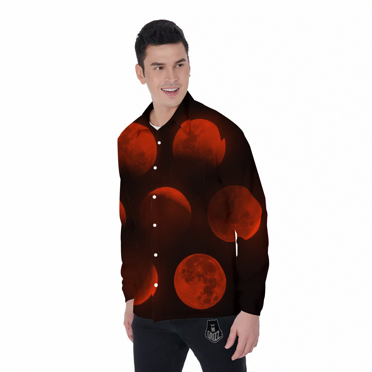 Lunar Phase Blood Moon Print Men's Long Sleeve Shirts-grizzshop