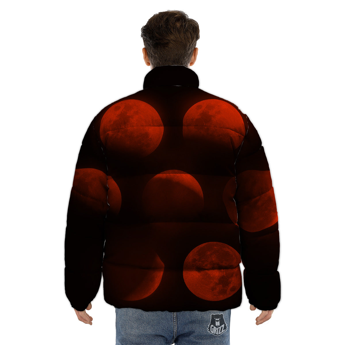 Lunar Phase Blood Moon Print Puffer Jacket-grizzshop