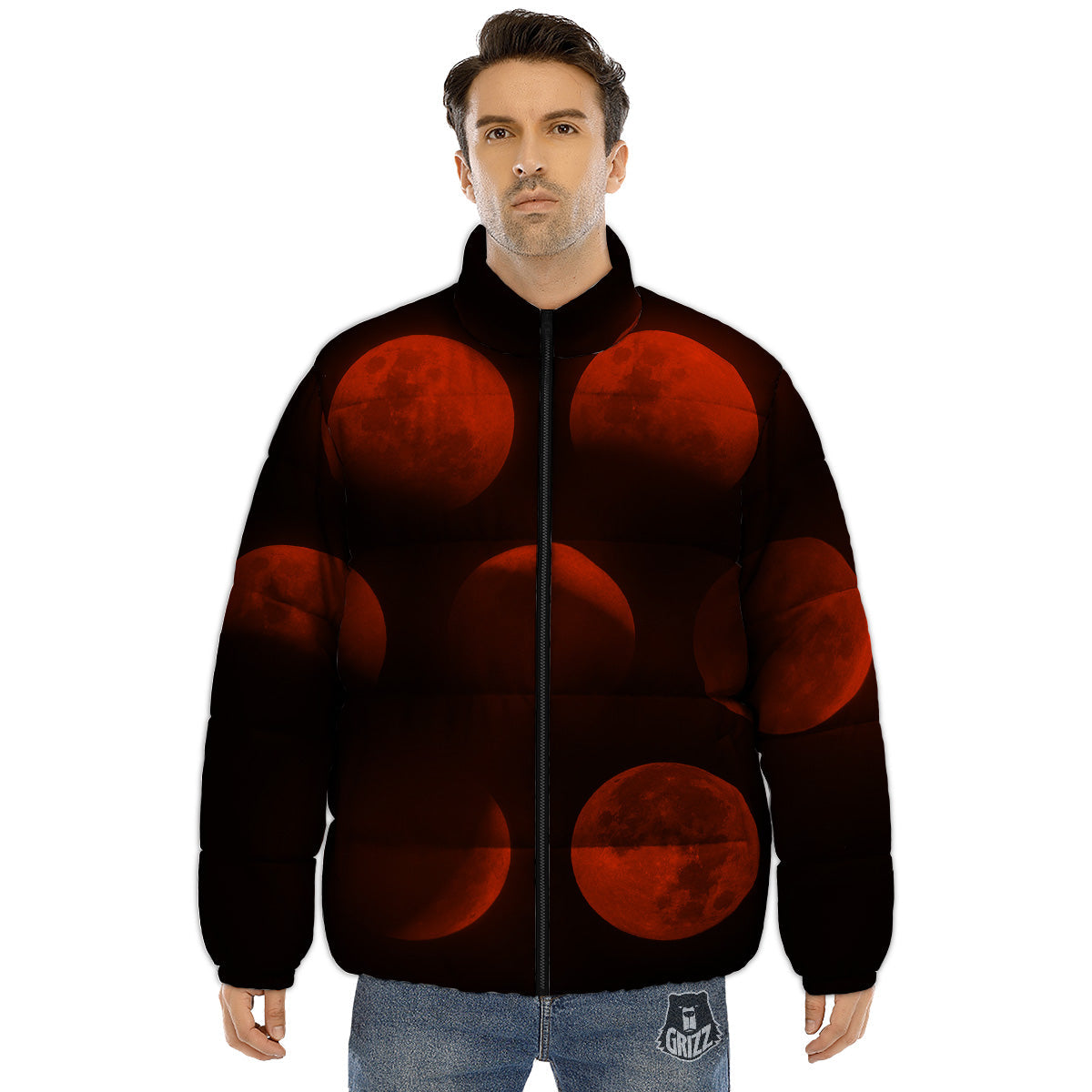 Lunar Phase Blood Moon Print Puffer Jacket-grizzshop