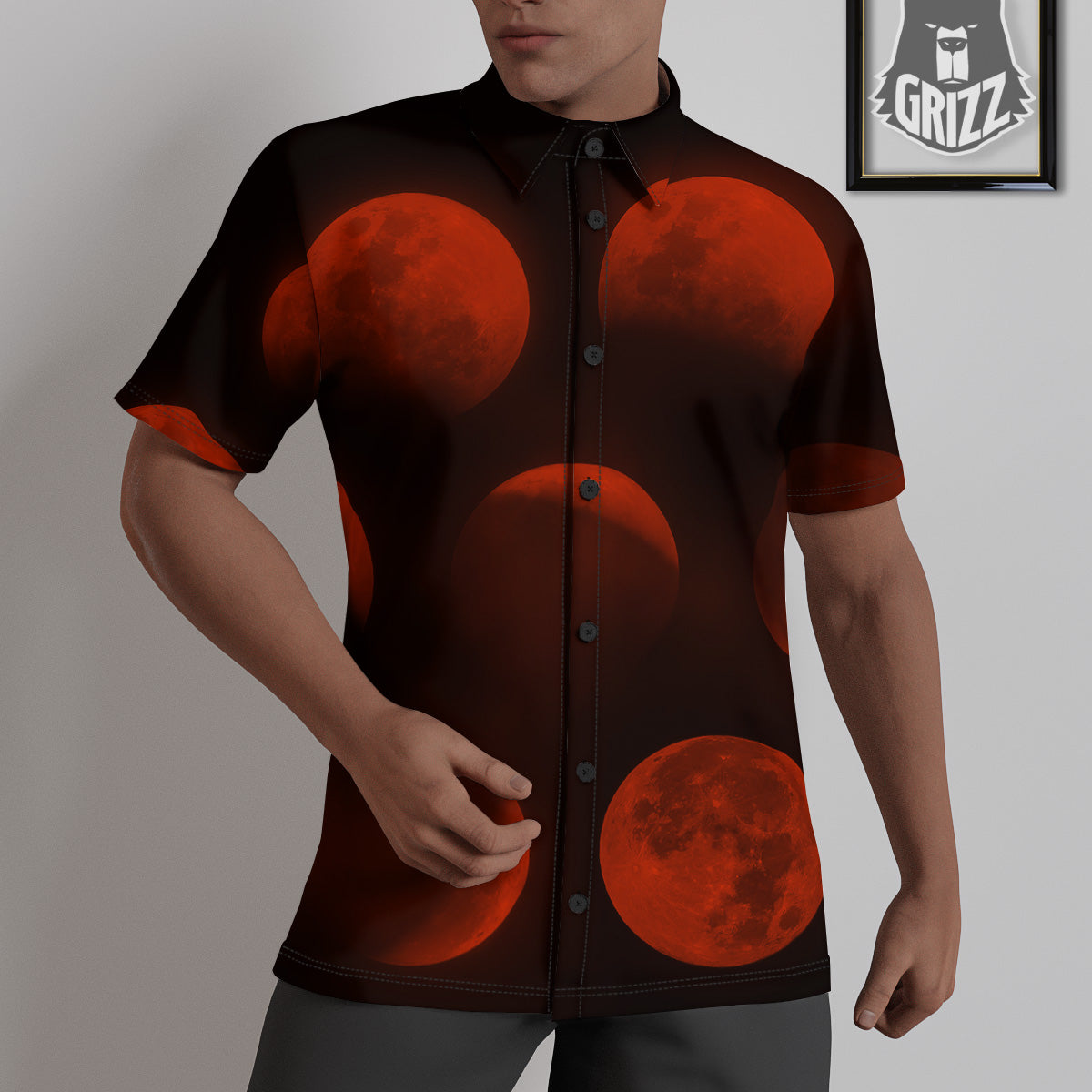 Lunar Phase Blood Moon Print Untucked Shirts-grizzshop