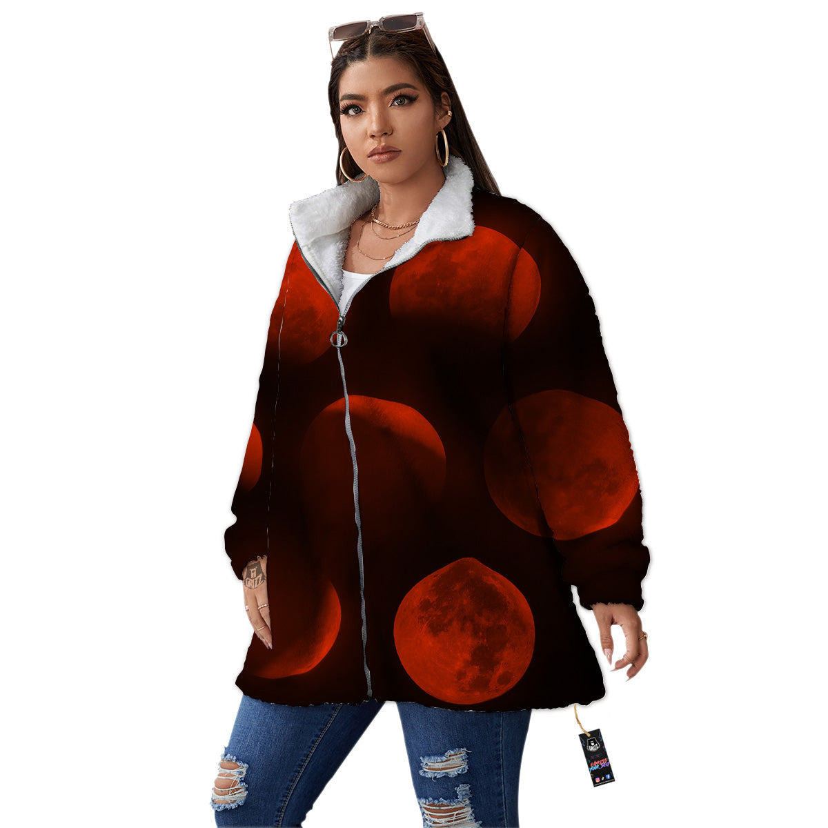 Lunar Phase Blood Moon Print Women's Sherpa Jacket-grizzshop