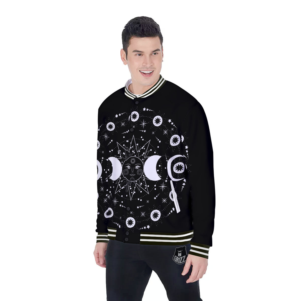 Lunar Phase Galaxy Print Baseball Jacket-grizzshop