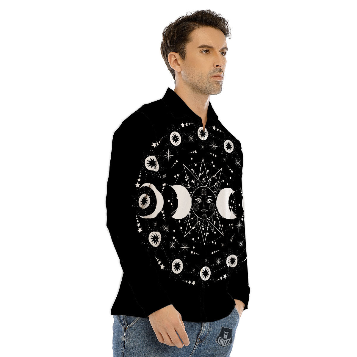 Lunar Phase Galaxy Print Men's Dress Shirts-grizzshop