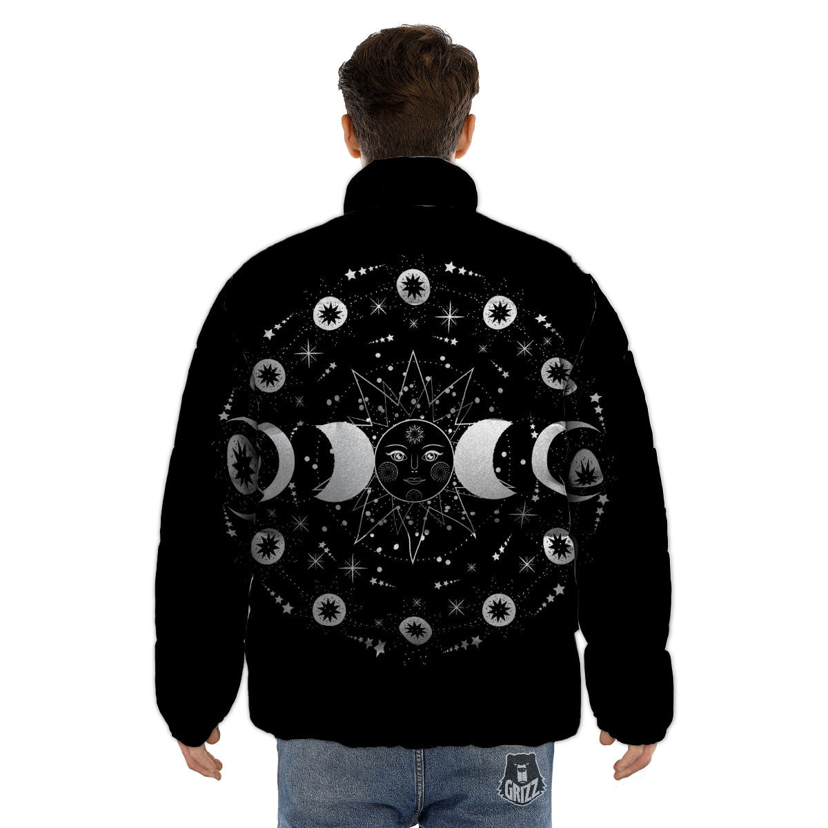 Lunar Phase Galaxy Print Puffer Jacket-grizzshop