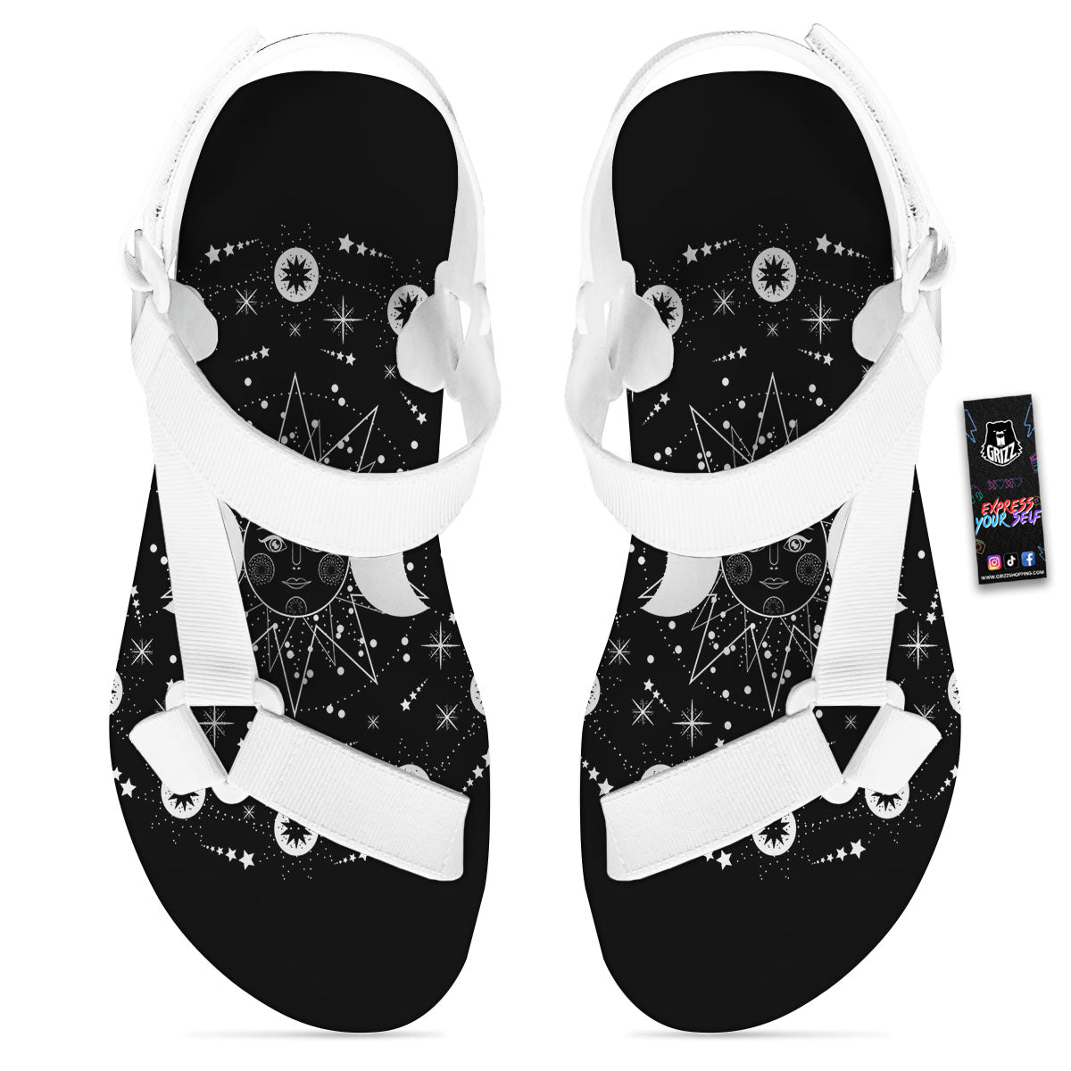 Lunar Phase Galaxy Print White Open Toe Sandals-grizzshop