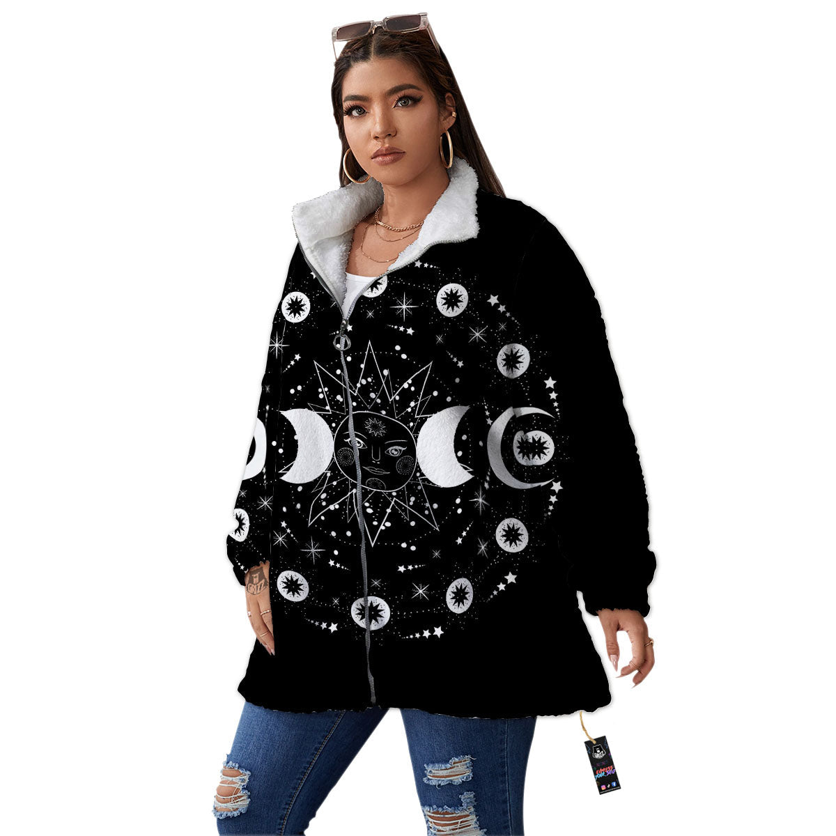 Lunar Phase Galaxy Print Women's Sherpa Jacket-grizzshop