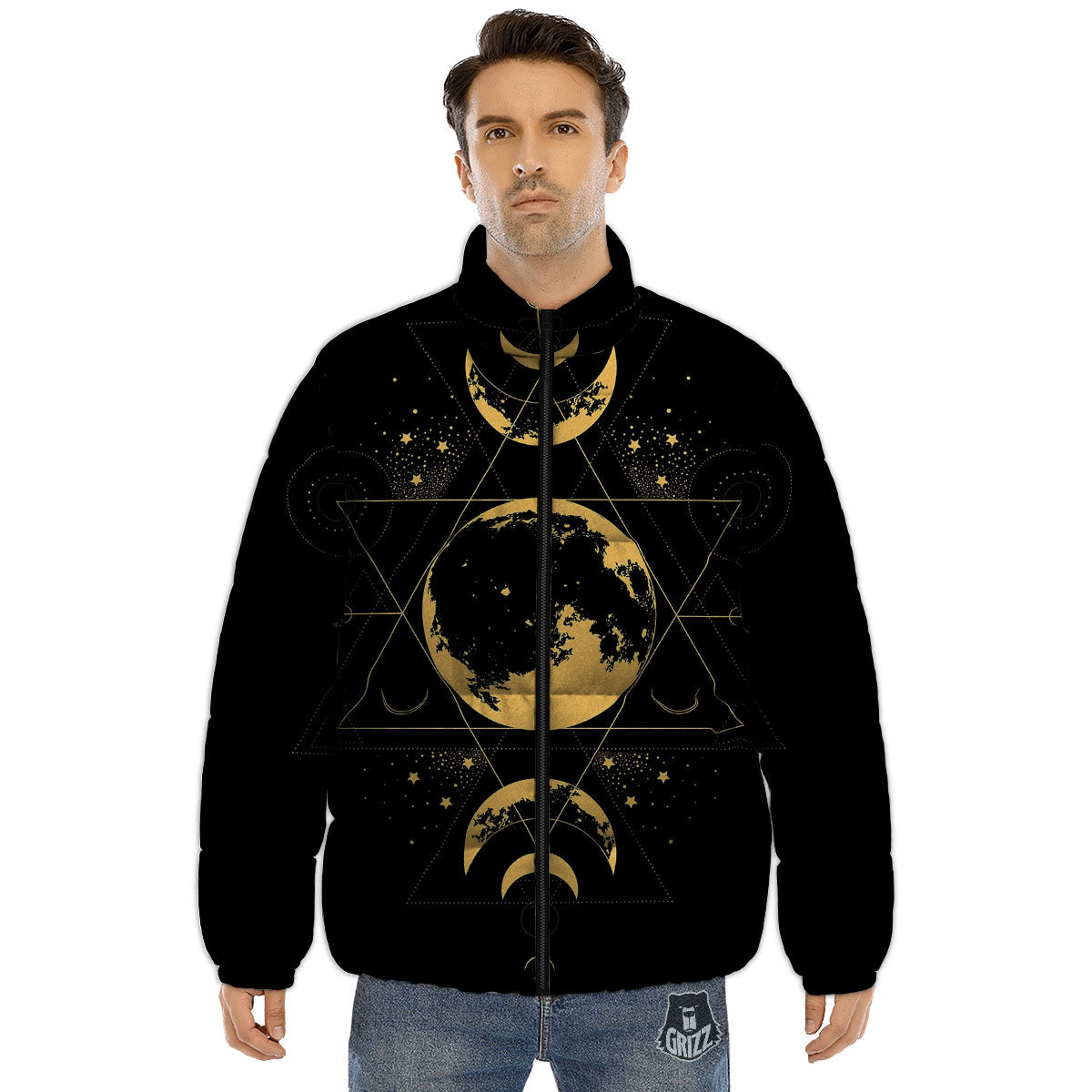 Lunar Phase Mystical Print Puffer Jacket-grizzshop