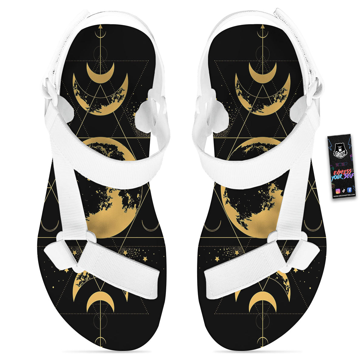 Lunar Phase Mystical Print White Open Toe Sandals-grizzshop