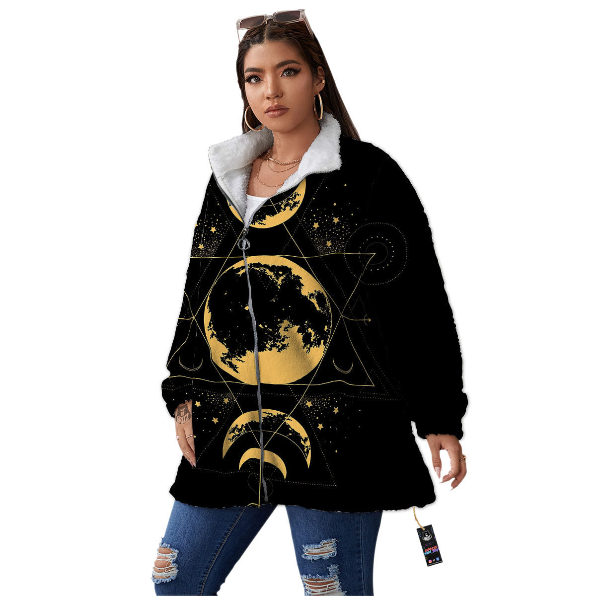 Lunar Phase Mystical Print Women's Sherpa Jacket-grizzshop