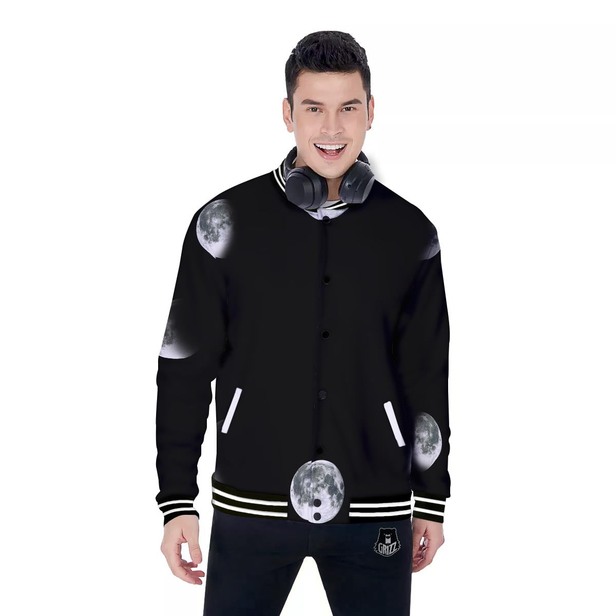 Lunar Phase Starry Sky Print Baseball Jacket-grizzshop