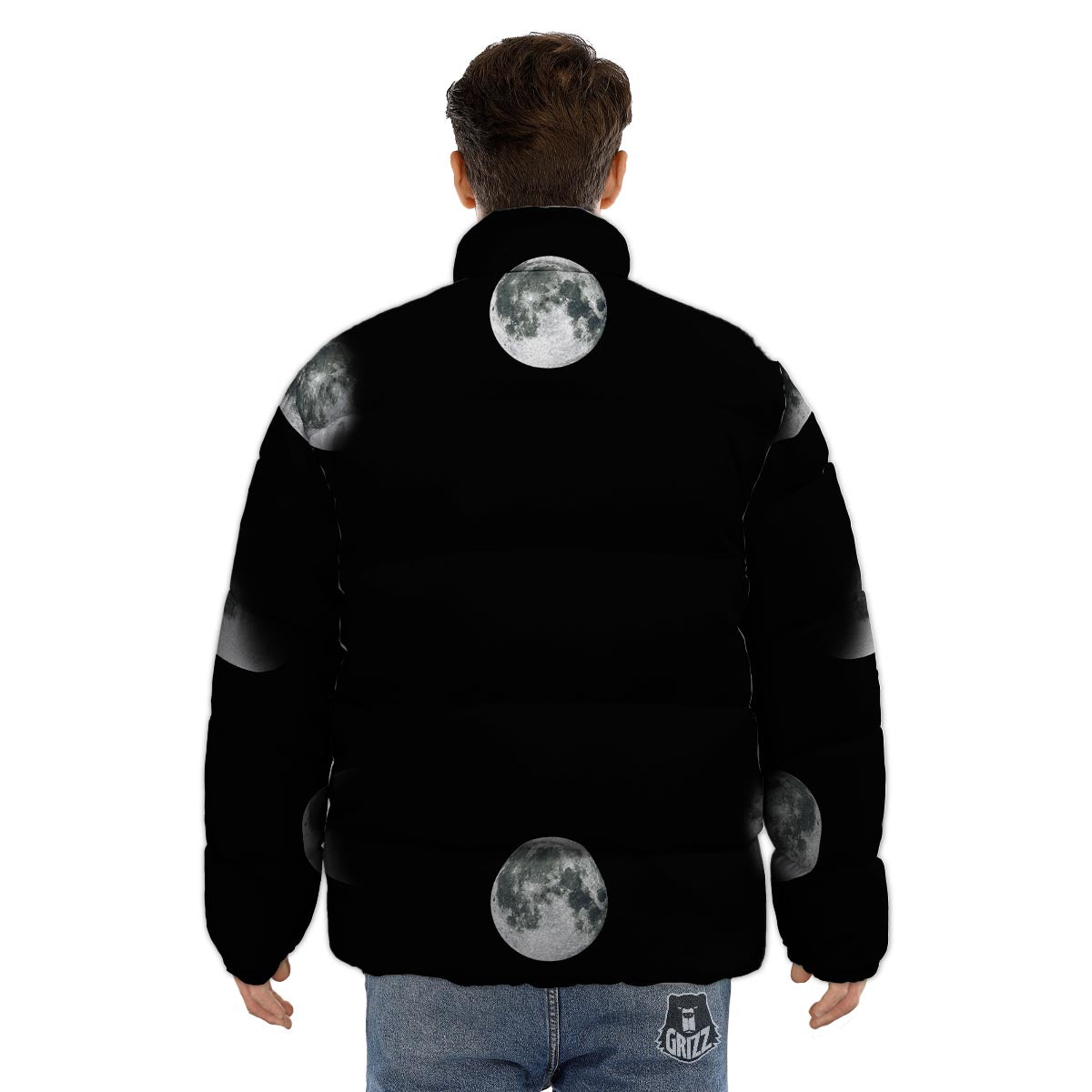 Lunar Phase Starry Sky Print Puffer Jacket-grizzshop