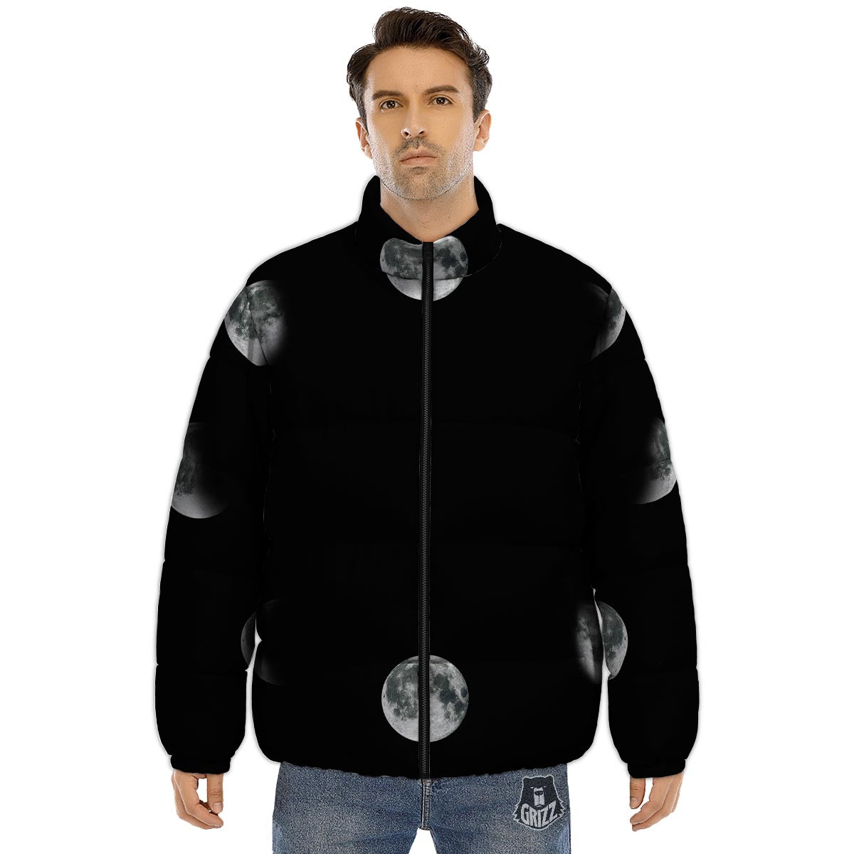 Lunar Phase Starry Sky Print Puffer Jacket-grizzshop